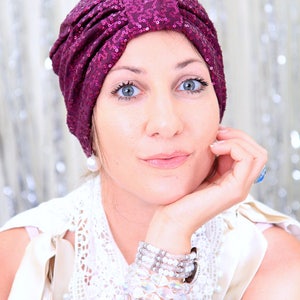 Women's Fashion Turban in Wine Sequins Sequin Hair Turbans by Mademoiselle Mermaid Lots of Colors image 3