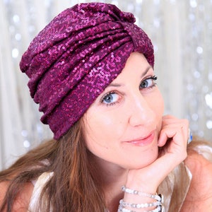 Women's Fashion Turban in Wine Sequins Sequin Hair Turbans by Mademoiselle Mermaid Lots of Colors image 2