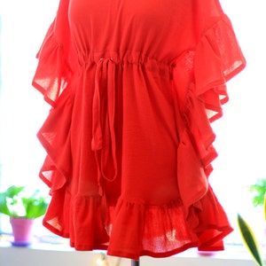 Minikaftan met ruches - strandjurk - kaftan van rood katoengaas - 20 kleuren