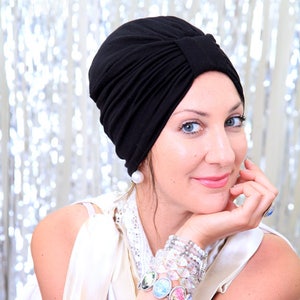Fashion Turban in Black Women's Hair Wrap Jersey Knit Head Covering Lots of Colors image 2