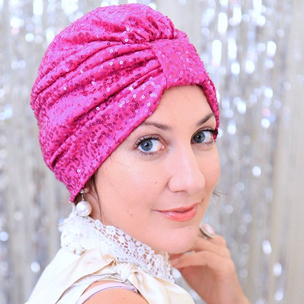 Sequin Turban in Raspberry Pink - Women's Headwrap Turbans - Fashion Hair Wrap for Women - Lots of Colors