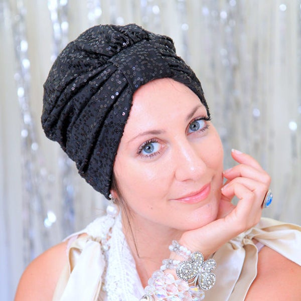 Sequin Turban Hat in Black by Mademoiselle Mermaid