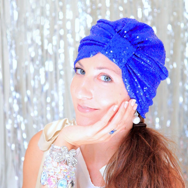 Sequin Turban Hat in Royal Blue - Sparkle Headwrap - Women's Bohemian Fashion Hair Wrap - Lots of Colors