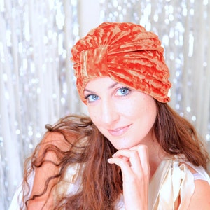 Crushed Velvet Turban Hat in Rust Orange Women's Fashion Hair Wrap Pumpkin Spice Lots of Colors image 2