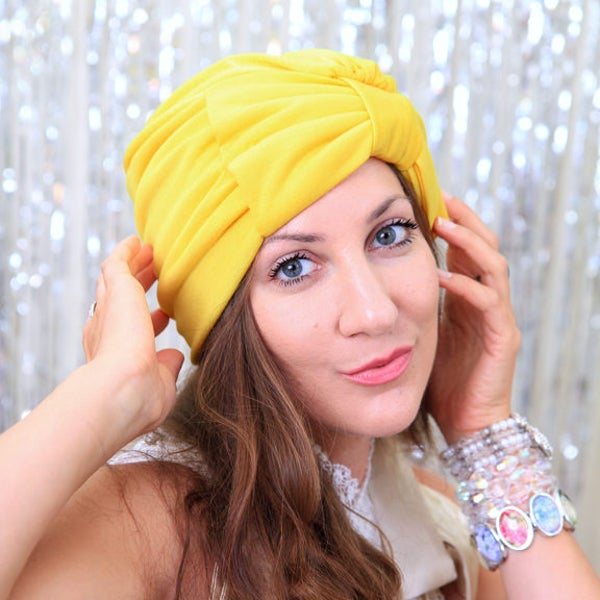 Yellow Turban with Bow - Fashion Hair Turbans for Women in Jersey Knit - Lots of Colors