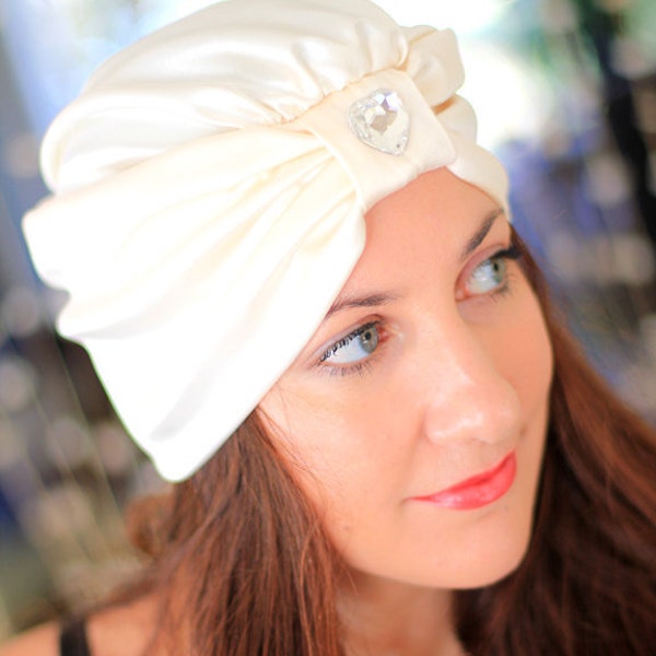 Satin Turban with Heart Jewel by Mademoiselle Mermaid - Ivory, Black, or White
