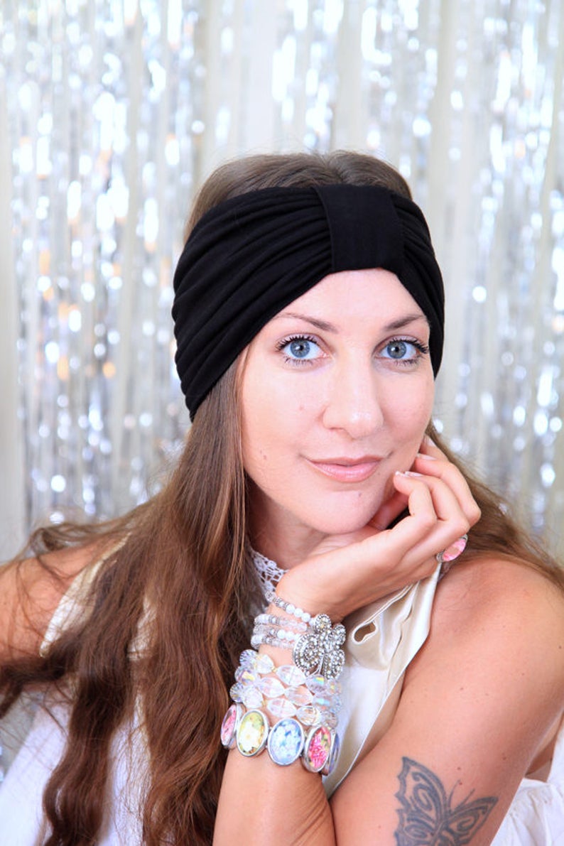 Black Turban Headband Women's Hair Band Turbans Boho Style Wide Headbands 40 Colors image 3