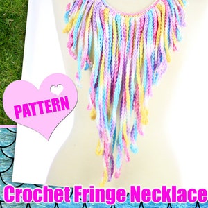 May include: A crochet fringe necklace pattern in a rainbow of colors, including pink, yellow, blue, and white. The pattern is called "Crochet Fringe Necklace" and is by "Mademoiselle Mermaid".