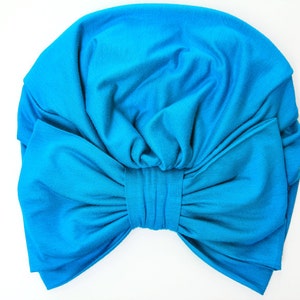 Turban with Bow - Turquoise Blue Hair Wrap in Jersey Knit - Women&#39;s Fashion Head Covering - Lots of Colors