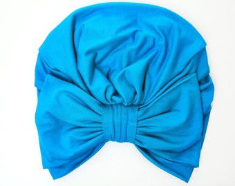 Turban with Bow - Turquoise Blue Hair Wrap in Jersey Knit - Women's Fashion Head Covering - Lots of Colors