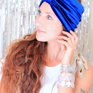 Velvet Turban Headband in Royal Blue Women's Bohemian Style Wide Headbands Optional Rhinestone Jewel image 4