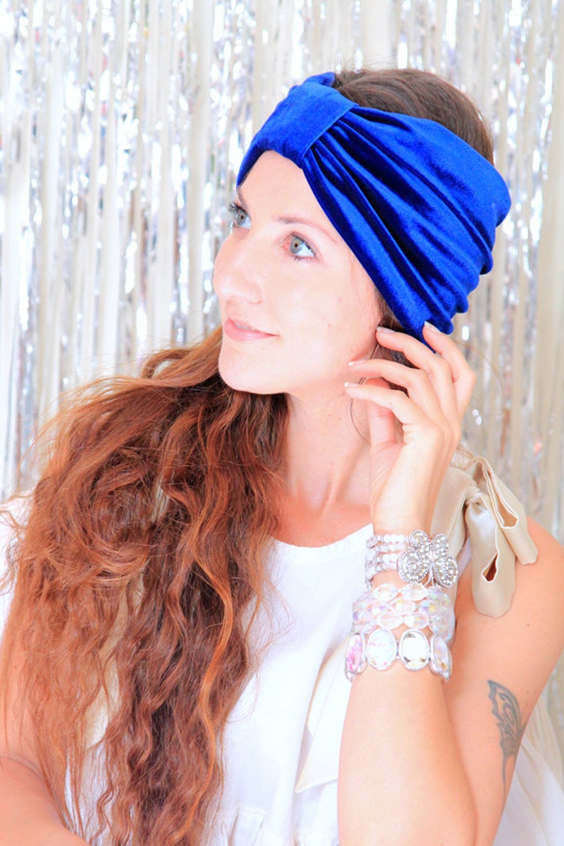 Velvet Turban Headband in Royal Blue Women's Bohemian Style Wide Headbands Optional Rhinestone Jewel image 4