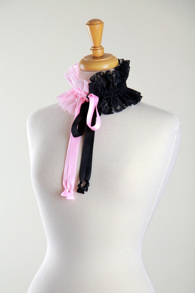 Pink and Black Choker Collar Victorian Style Neck Ruff with Satin Ties Gothic, Burlesque, Steampunk, Cosplay Costume Collars image 8