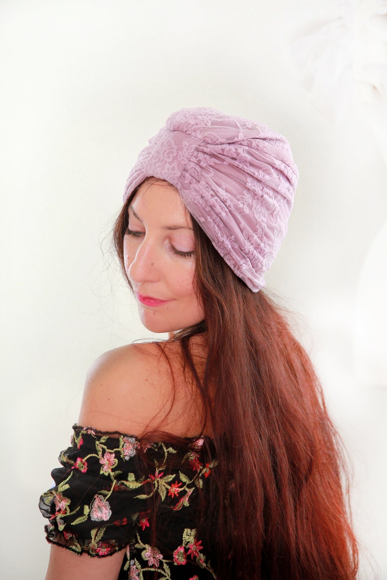 Mauve Lace Turban with Optional Rhinestone Jewel Rose Pink Bohemian Headwrap Yoga Turban Lots of Colors image 5