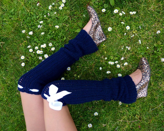 Leg Warmers Thigh High Crochet Legwarmers Navy Blue Fall Fashion