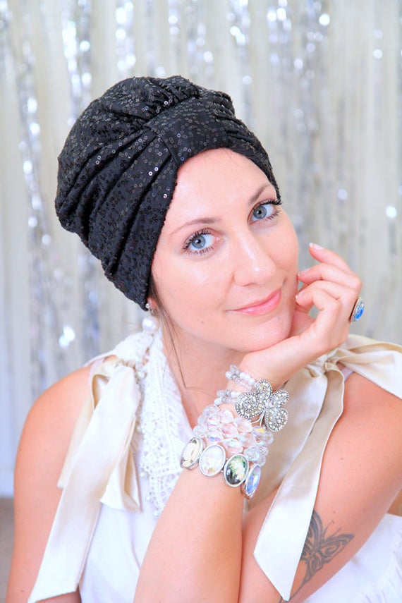 Sequin Turban Hat in Black by 