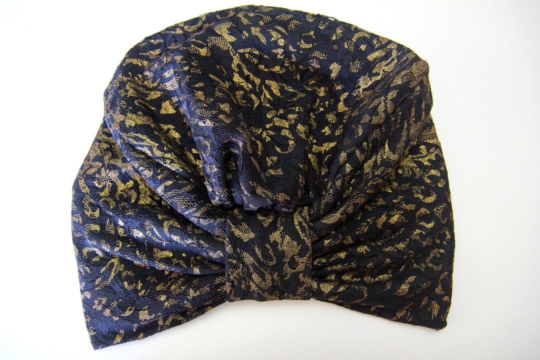 Metallic Gold and Black Lace Turban Bohemian Gypsy Style Head Wrap