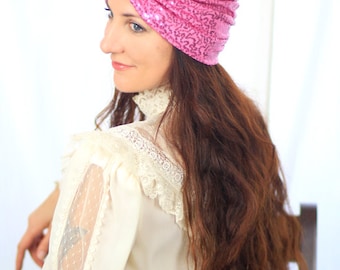 Rose Pink Sequin Turban - Women's Full Turban Hat or Headwrap with Sequins - Lots of Colors