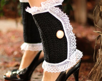 Victorian Style Leg Warmers - Crochet and Lace Spats in Black - Steampunk Accessories - Lots of Colors