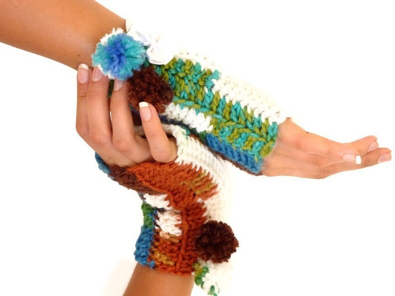 Fingerless Gloves with Pom Poms Colorful Wrist Warmers Etsy