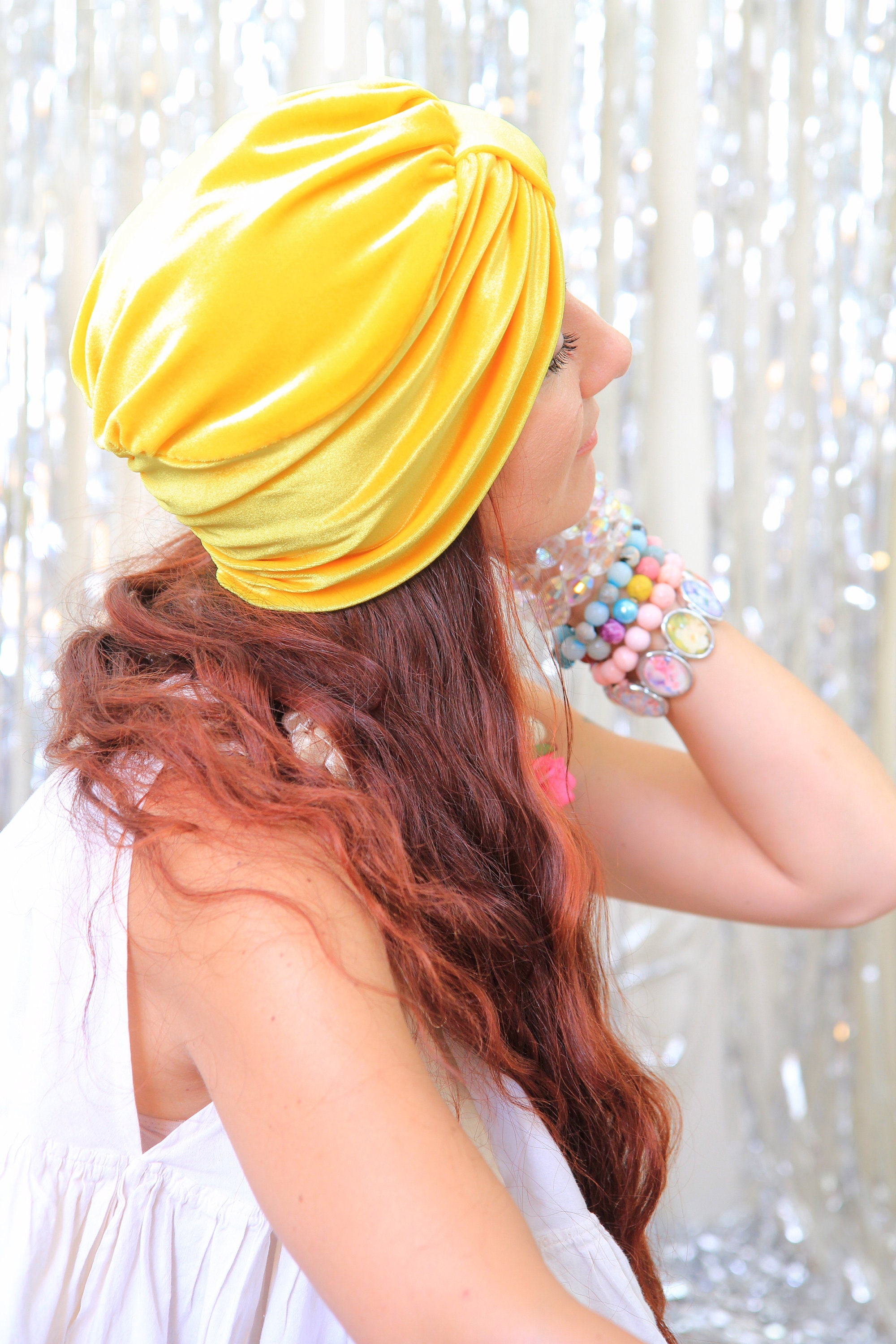 Bright Yellow Beaded Turban Headwrap Knotted Up- Mustard Yellow – B. Wrapp main image 4
