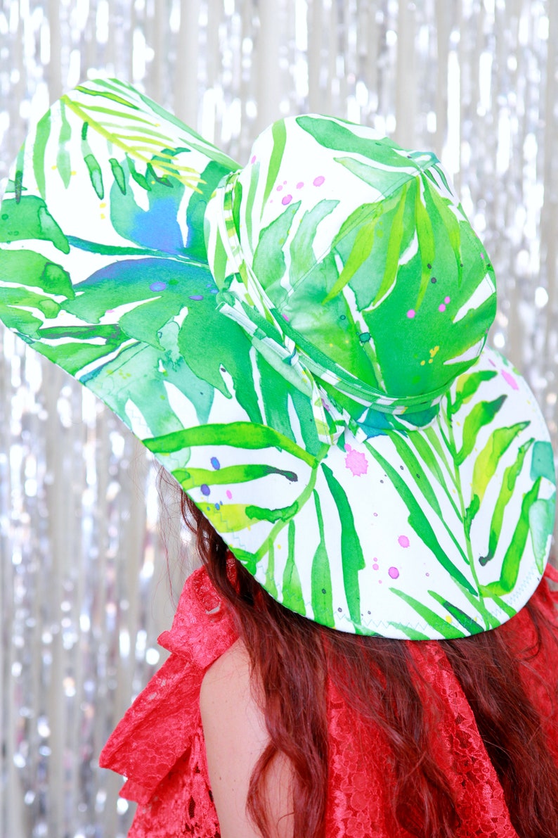 Palm Frond Print Hat Wide Brim Hat in Tropical Leaves Print Floppy Beach Hat Women's Wide Brimmed Sun Hats image 8