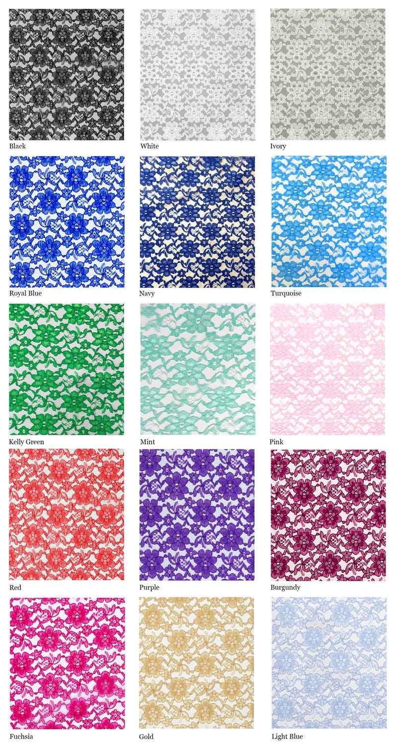 May include: A swatch card showing 12 different colors of lace fabric. The colors are black, white, ivory, royal blue, navy, turquoise, kelly green, mint, pink, red, purple, burgundy, fuchsia, gold, and light blue.