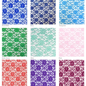 May include: A swatch card showing 12 different colors of lace fabric. The colors are black, white, ivory, royal blue, navy, turquoise, kelly green, mint, pink, red, purple, burgundy, fuchsia, gold, and light blue.