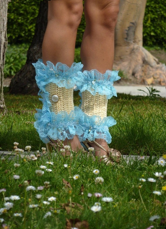 Victorian Style Leg Warmers - Crochet and Lace Spats in Cream With