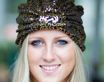 Sequin Turban in Gold and Black - Women's Mardi Gras Turban Hair Wrap - Turbans for Women - Lots of Colors