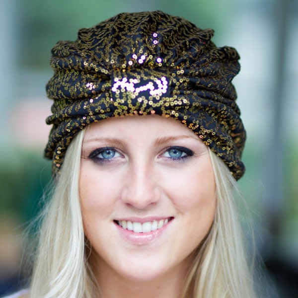 Sequin Turban in Gold and Black - Women's Mardi Gras Turban Hair Wrap - Turbans for Women - Lots of Colors
