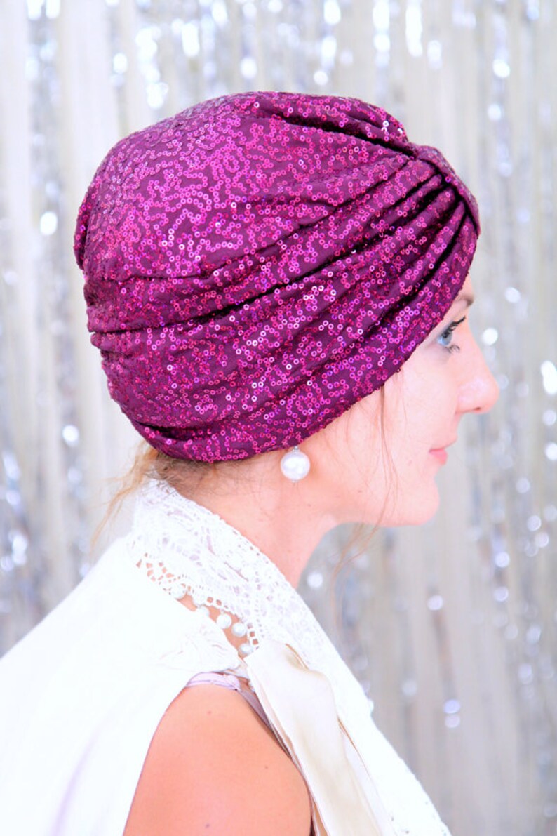 Women's Fashion Turban in Wine Sequins Sequin Hair Turbans by Mademoiselle Mermaid Lots of Colors image 1