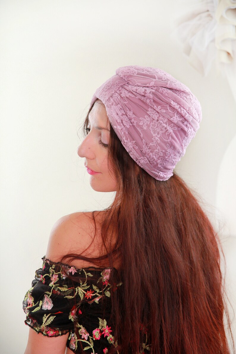 Mauve Lace Turban with Optional Rhinestone Jewel Rose Pink Bohemian Headwrap Yoga Turban Lots of Colors image 7