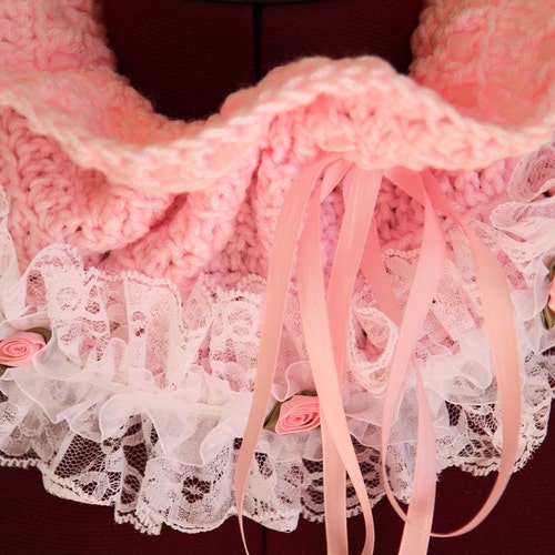 Cowl Neck Warmer - Victorian Style Fashion Collar in Pink with 2024 White Lace - Lots of Colors