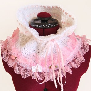 Cowl Neck Warmer Victorian Style Fashion Collar in White with Pink Lace Lots of Colors image 3