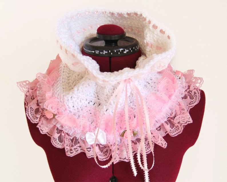 Cowl Neck Warmer Victorian Style Fashion Collar in White with Pink Lace Lots of Colors image 3