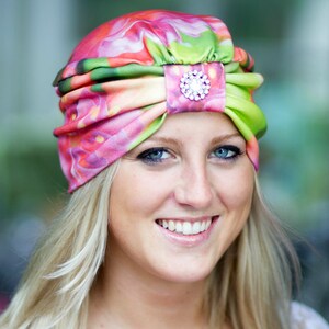 Turban Hat - Women&#39;s Organic Cotton Headwrap - Tropical Fuchsia Floral Print Hair Wrap - Wearable Art