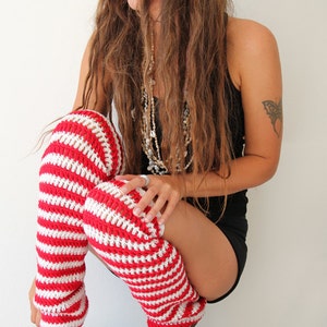 Pirate Stripe Leg Warmers - Thigh High Leggings in Red and White Stripes