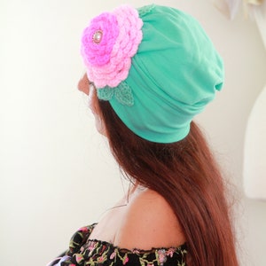 Turban with Flower Mint Green Cotton Head Wrap with Hot Pink and Baby Pink Crochet Rosette and Pearl Jewel Jeweled Turbans image 5