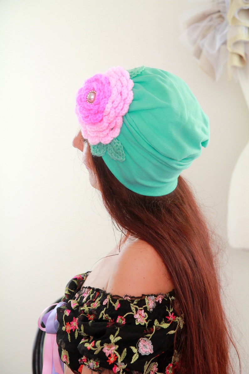 Turban with Flower Mint Green Cotton Head Wrap with Hot Pink and Baby Pink Crochet Rosette and Pearl Jewel Jeweled Turbans image 5