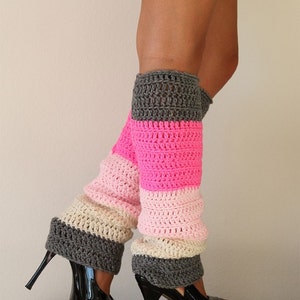 Color Block Leg Warmers - Hot Pink Ivory Grey