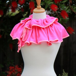 May include: A pink ruffled collar with a white trim, displayed on a white mannequin.
