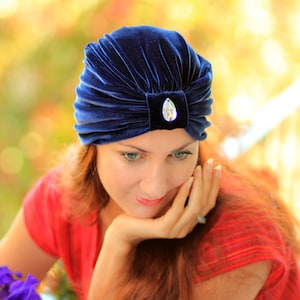 Velvet Turban Hat - Women’s Fashion Hair Wrap in Navy Blue - Bohemian Style Hair Accessories