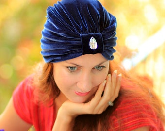 Velvet Turban Hat - Women’s Fashion Hair Wrap in Navy Blue - Bohemian Style Hair Accessories