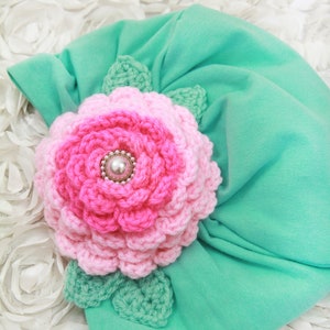 Turban with Flower Mint Green Cotton Head Wrap with Hot Pink and Baby Pink Crochet Rosette and Pearl Jewel Jeweled Turbans image 9