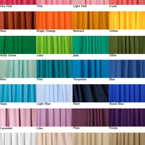 May include: A color chart showing 36 different colors of rayon jersey knit fabric. The colors are arranged in rows and columns, with each color labeled with its name. The colors include red, burgundy, maroon, fuchsia, hot pink, pink, light pink, coral, rust, bright orange, mustard, yellow, kelly green, lime, jade, olive, mint, teal, turquoise, blue, aqua, light blue, navy, royal blue, lavender, lilac, plum, purple, white, ivory, light nude, dark nude, gold, light brown, chocolate, charcoal, silver, dark heather, light heather, and black.