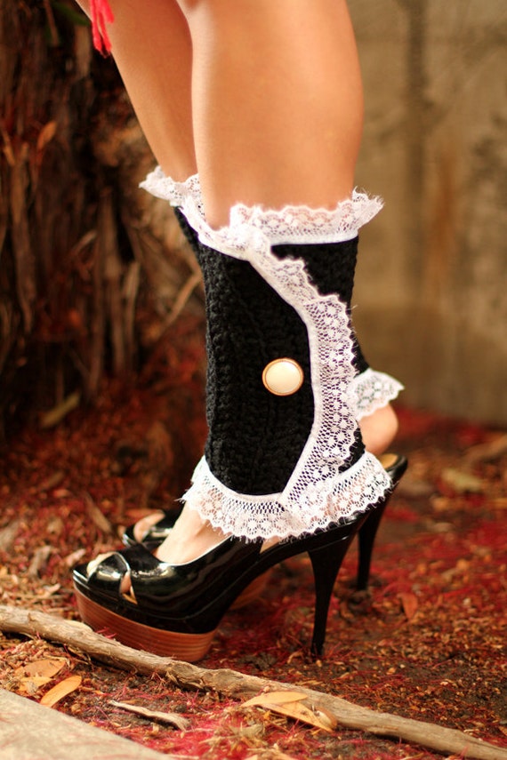 Victorian Style Leg Warmers Crochet and Lace Spats in Black