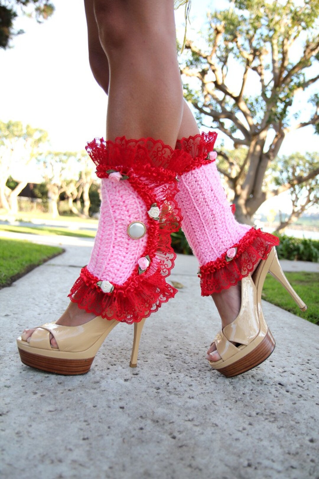 Valentine's Day Leg Warmers - Victorian Style Shoe Spats in Pink