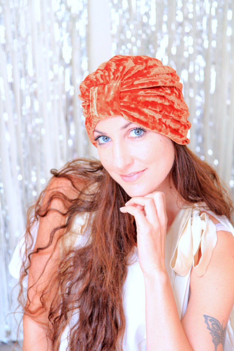 Crushed Velvet Turban Hat in Rust Orange Women's Fashion Hair Wrap Pumpkin Spice Lots of Colors image 2