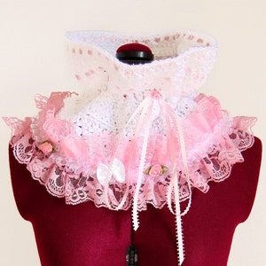 Cowl Neck Warmer Victorian Style Fashion Collar in White with Pink Lace Lots of Colors image 1